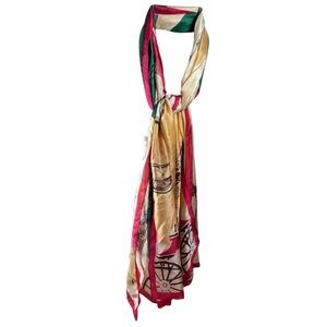 Carriage Print Scarf Red Green Cream Silk-Feel Statement Square Equestrian